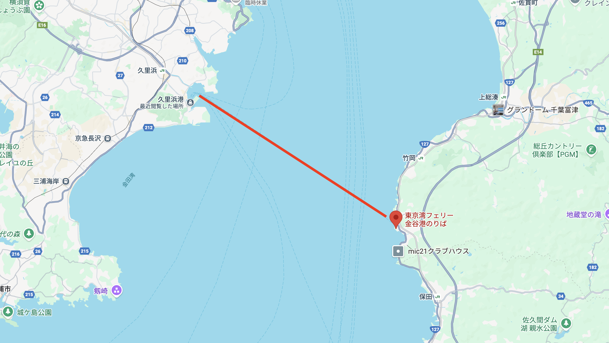 久里浜港〜金谷港のフェリーのルート